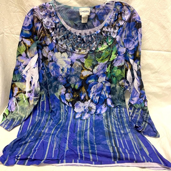 CHICOS Flower Long Sleeve Top 3 or XL Weaved Neckline lightweight Blouse - Picture 1 of 2